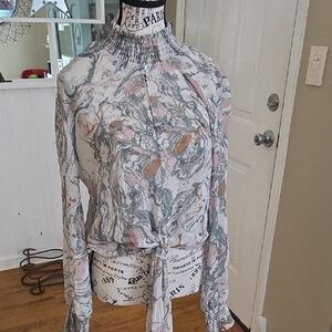 Karlie Marble Print High Neck Blouse - Pink, Gray, White, Orange